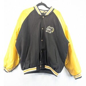 Steve Barrys Army Bomber Jacket Black Yellow Wool Leather Varsity XL‎